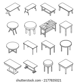 Table icons set. Isometric set of table vector icons thin line outline on white isolated