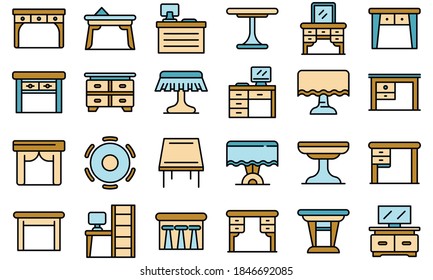 Table icons set. Outline set of table vector icons thin line color flat on white