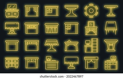 Table icons set. Outline set of table vector icons neon color on black