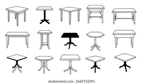 Conjunto de ícones de tabela, vários estilos, vetor preto para móveis, design de interiores e temas domésticos