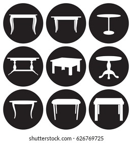 Table icons set. White on a black background
