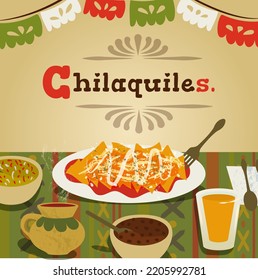 Table illustration with chilaquiles. Mexican breakfast food. In text -chilaquiles- name of the dish.