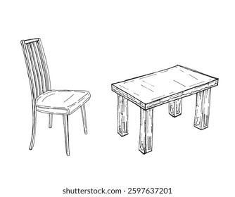 Сpelo y mesa aislados en blanco, Ilustración vectorial dibujada a mano, imagen de estilo doodle. Imagen de Vector 100% dibujado a mano.