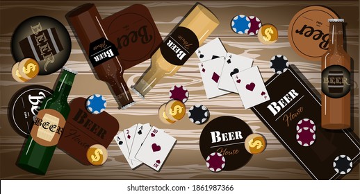 Table with items for playing cards, poker, dominoes. Top view of the wooden bar with beer bottles, menu, mug stand, casino chips. The picture is for a bachelor party, party. Greeting card for father s