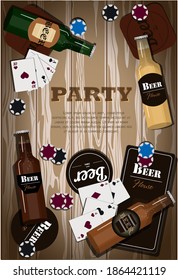 Table with items for playing cards, poker, dominoes, beer. Top view of the wooden bar with beer bottles, menu, mug stand, casino chips. The picture is for a bachelor party, party. Greeting card for