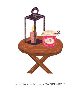 Mesa con mermelada y crayón de velas aislado. Temporada de otoño de cosecha. Mesa de otoño para el diseño de acción de gracias