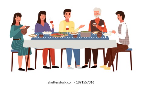 Table with khinkali and adjarian khachapuri. Arrangement of furniture. Characters eating georgian food. People are having a dinner at home. Girl drinking wine. Couple communicating with grandfather