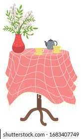 Table in kitchen with stuff for drinking tea or coffee. Tablecloth checkered and vase on it red with blossom flowers. Blue kettle and two yellow cups. Vector illustration in flat style