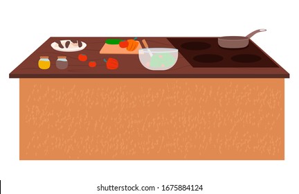 Table with kitchenware isolated icon. Electric stove with pan, cutting board with vegetables, bowl with mixing spoon. Pepper and salt shaker on desk surface. Kitchen furniture for restaurant vector