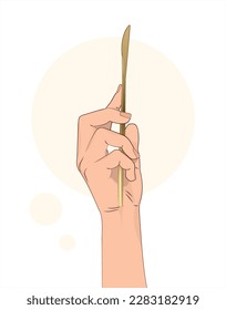 Tischmesser in der Hand. Goldenes Messer in einer menschlichen Hand. Zeit zu essen. Einzige Vektorgrafik, weißer Hintergrund.