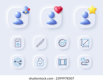 Table knife, Lock and Travel path line icons. Placeholder with 3d bell, star, heart. Pack of Confirmed, Open door, Square area icon. Targeting, View document pictogram. For web app, printing. Vector