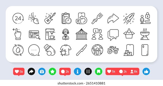 Table knife, Website search and Coffee maker line icons pack. Social media: share, comment, like icons. Smartphone cover, Flash memory, Online storage web icon. Vector