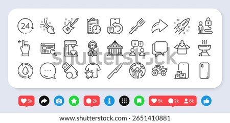 Table knife, Website search and Coffee maker line icons pack. Social media: share, comment, like icons. Smartphone cover, Flash memory, Online storage web icon. Vector