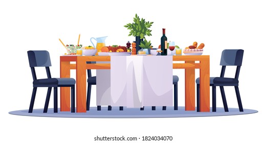 Table Laid, Festive Dinner Food Dishes, Drinks And Chairs, Vector. Family Dining Room Or Kitchen And Restaurant Laid Table With Party Celebration Lunch, Breakfast Or Brunch Meals, Salads And Wine