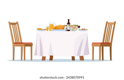 Table laid, festive dinner food dishes, drinks and chairs. Family dining room and restaurant laid table with party celebration lunch, breakfast or brunch meals. vector illustration in flat design