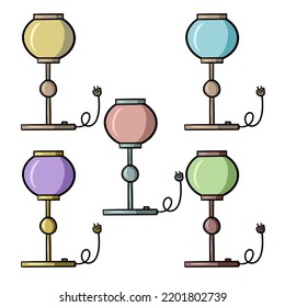 Lámpara de mesa con una hermosa sombra redonda, un conjunto de ilustraciones vectoriales de colores en estilo de dibujos animados sobre un fondo blanco
