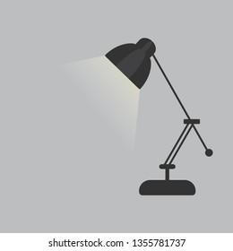 Table lamp in black color, cartoon vector illustration. Simple office desk lamp on grey background.