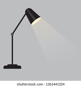 Table lamp in black color, cartoon vector illustration. Simple office desk lamp on grey background.