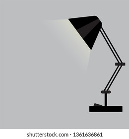 Table lamp in black color, cartoon vector illustration. Simple office desk lamp on grey background.