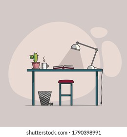 Table lamp and book on the table for reading, vector graphics