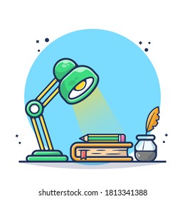 Table Lamp and Book Vector Illustration. Flat Cartoon Style Suitable for Sticker, Wallpaper, Icon, Landing Page, Web.