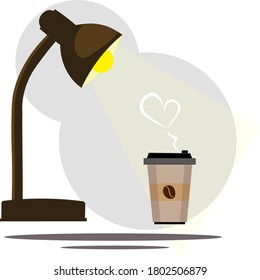 A table lamp and a Cup of hot coffee. Illustration in flat style