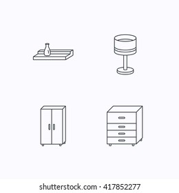Table lamp, cupboard and wall shelf icons. Chest of drawers linear sign. Flat linear icons on white background. Vector
