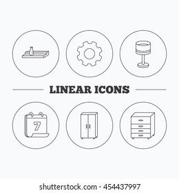Table lamp, cupboard and wall shelf icons. Chest of drawers linear sign. Flat cogwheel and calendar symbols. Linear icons in circle buttons. Vector
