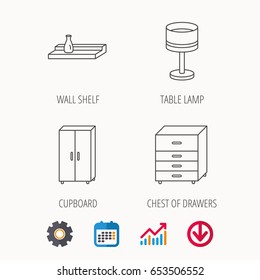 Table lamp, cupboard and wall shelf icons. Chest of drawers linear sign. Calendar, Graph chart and Cogwheel signs. Download colored web icon. Vector