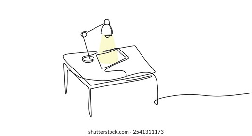 Lámpara de mesa representada con luz que brilla en los documentos en un dibujo continuo de una línea. Concepto de trabajo y oficina. Diseño minimalista dibujado a mano.