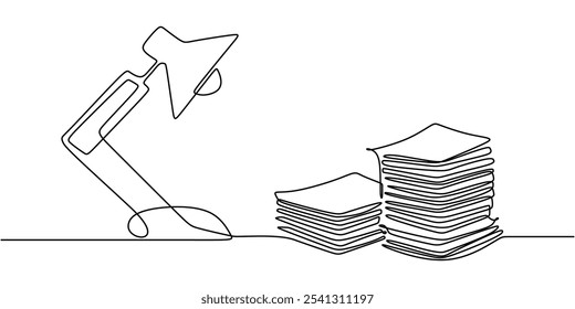 Table lamp depicted with light shining on documents in a continuous one line drawing. Work and office concept. Hand-drawn minimalist design.