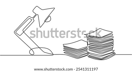 Table lamp depicted with light shining on documents in a continuous one line drawing. Work and office concept. Hand-drawn minimalist design.