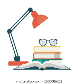 Table lamp, different books, glasses. Love reading concept. Vector illustration in flat style
