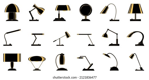 Table lamp of different shapes, portable lamp. Lighting inside the home and office. Lampshade design. Modern fashionable interior. Set of vector icons, flat, isolated