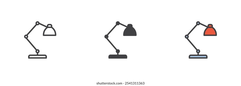 Table lamp different style icon set. Line, glyph and filled outline colorful version, outline and filled vector sign. Desk Lamp symbol, logo illustration. Vector graphics