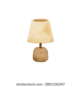 Table lamp featuring beige fabric lampshade and wooden base