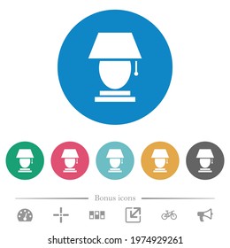 Table lamp flat white icons on round color backgrounds. 6 bonus icons included.