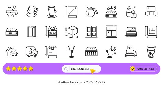 Table lamp, Furniture moving and Bed line icons for web app. Pack of Pillow, Square area, Mattress pictogram icons. Lightweight mattress, Tea cup, Door signs. Tv stand, Coffeepot, Teacup. Vector