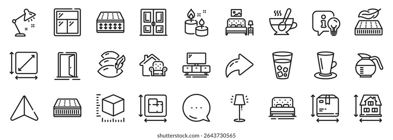 Lâmpada de mesa, Mobília móvel e cama linha ícones pacote. Ícones de plano Compartilhar, Mensagem, Papel. Travesseiro, Área quadrada, Ícone da teia Colchão. Colchão leve, xícara de chá, pictograma de porta. Vetor