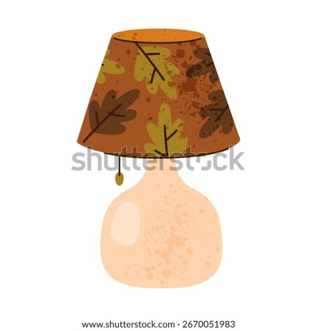 Table lamp icon with autumn lampshade. Vector light furniture for home, house decoration. Retro or vintage item for reading. Desktop vintage interior ornament, indoor element. Illumination, lighting.
