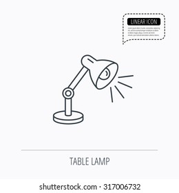 Table lamp icon. Desk light sign. Linear outline icon. Speech bubble of dotted line. Vector