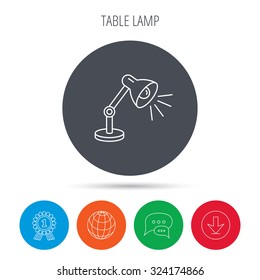 Table lamp icon. Desk light sign. Globe, download and speech bubble buttons. Winner award symbol. Vector