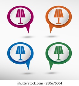 Table lamp icon on colorful chat speech bubbles