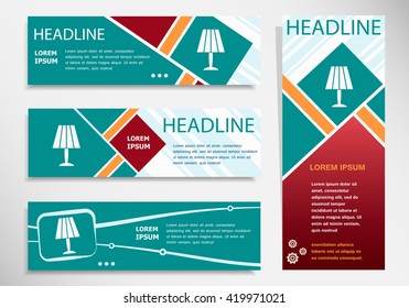 Table lamp icon on horizontal and vertical banner. Modern abstract flyer, banner, brochure design template.