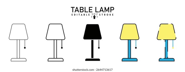 table Lamp icons set in black filled and stroke line style, in Various Styles vector illustration