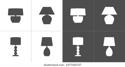 Juego de iconos de la lámpara de mesa. Cuatro iconos vectoriales Aislados en fondo blanco y negro