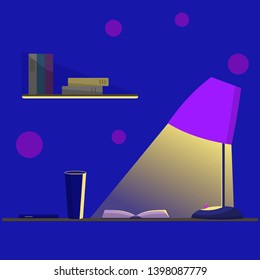 A table lamp illuminates the book and the glass. Vector illustration