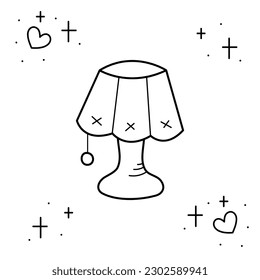 Table lamp with lampshade surrounded by stars and hearts. Doodle black and white vector illustration.
