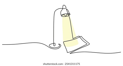 Table lamp with light illuminating documents illustrated in a continuous one line drawing. Work and office concept. Hand-drawn minimalist design.