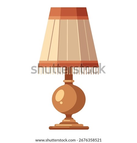 Table lamp with light lampshade and fringe. Vector illustration for bedroom, living room interior.